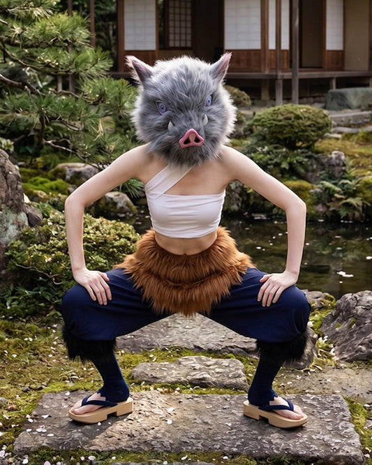 Womens wild warrior costume with tube top, faux fur skirt and blue trousers
