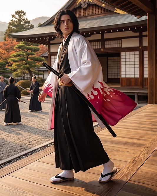 Three-piece kimono costume with white flame-print haori