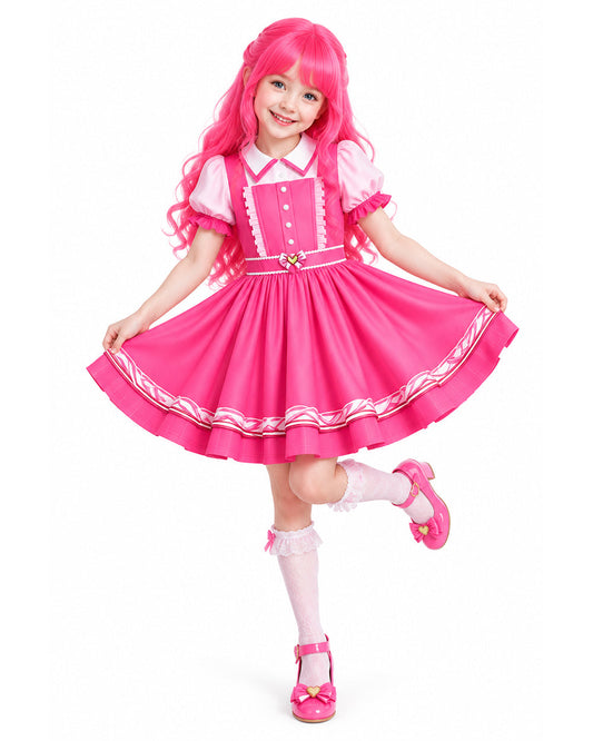Pink princess costume dress with white collar and puff sleeves