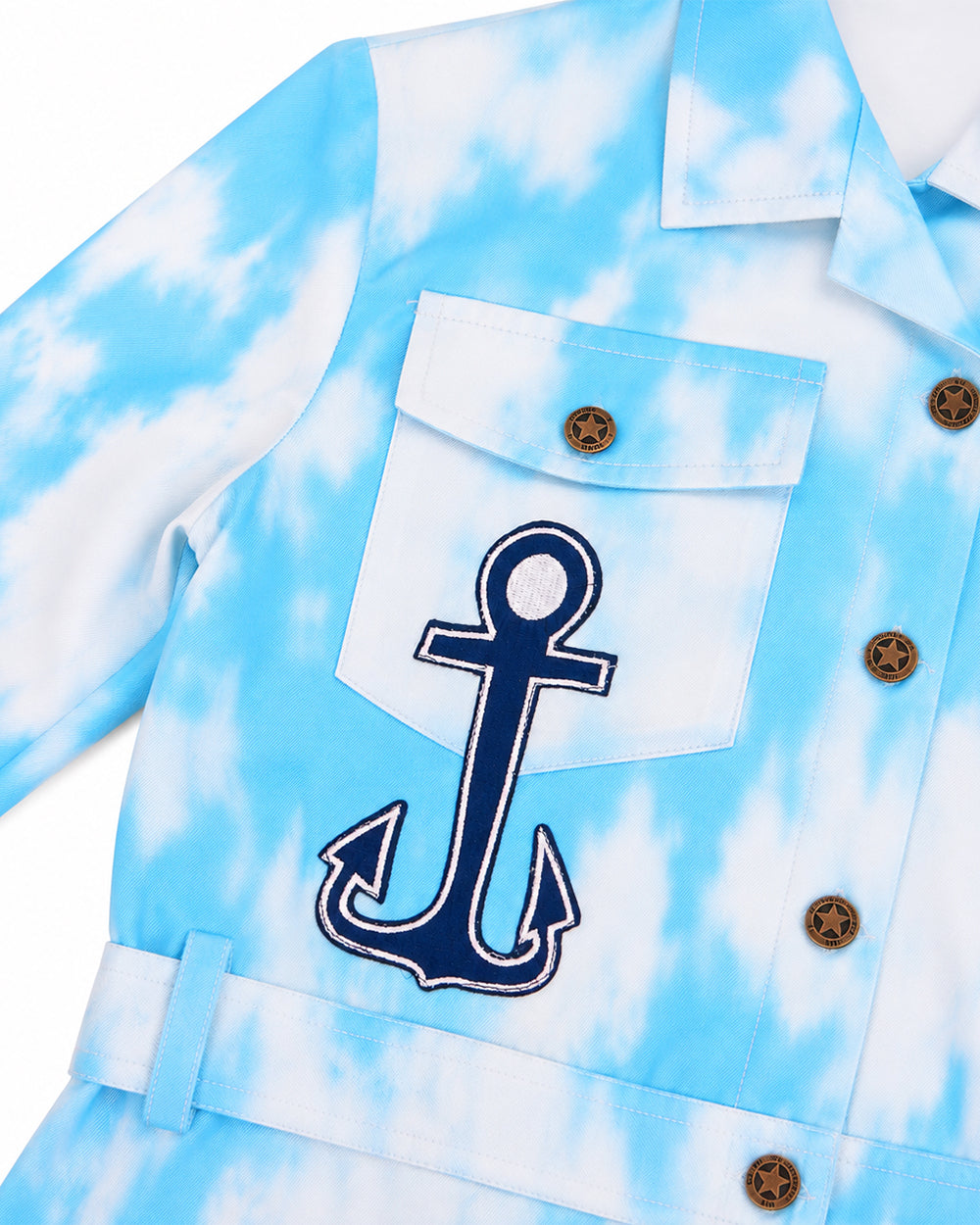 Front button placket detail on sailor costume jumpsuit