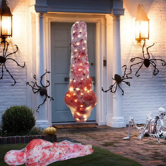 59 inch hanging cocoon corpse Halloween prop with warm string lights