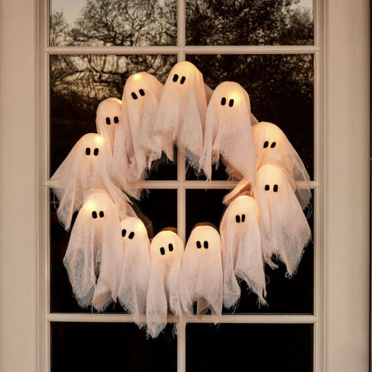 LED ghost wreath Halloween door decoration with twelve lighted ghosts