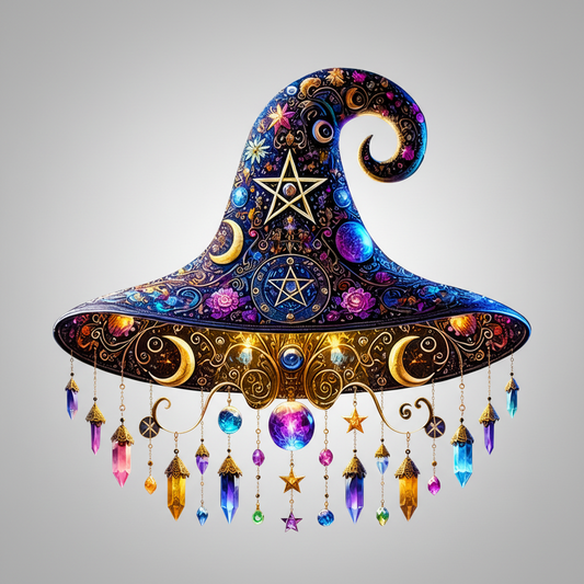 Hanging Halloween witch hat decor in blue and black