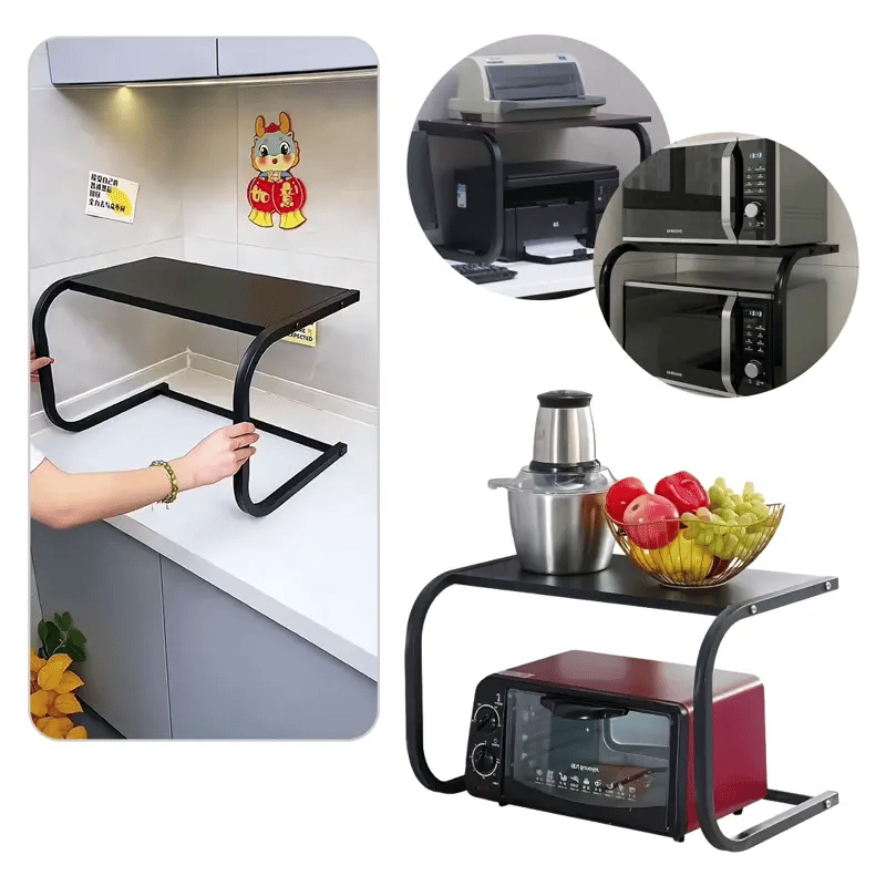 Two-tier kitchen countertop shelf holding a microwave