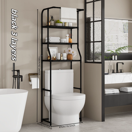 Three-tier over-the-toilet bathroom shelf with no-drill frame