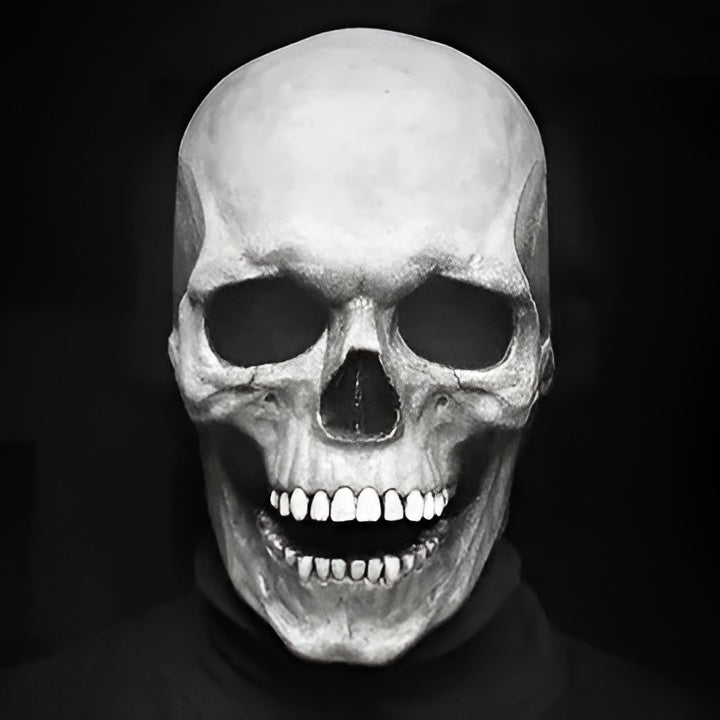 Person wearing the articulated jaw skull mask