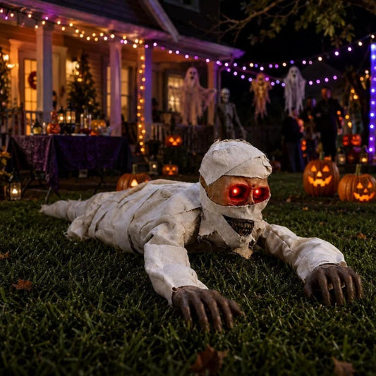 Sound-activated crawling mummy Halloween prop with glowing red eyes