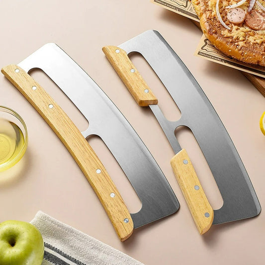 Curved stainless steel pizza cutter with wooden handle