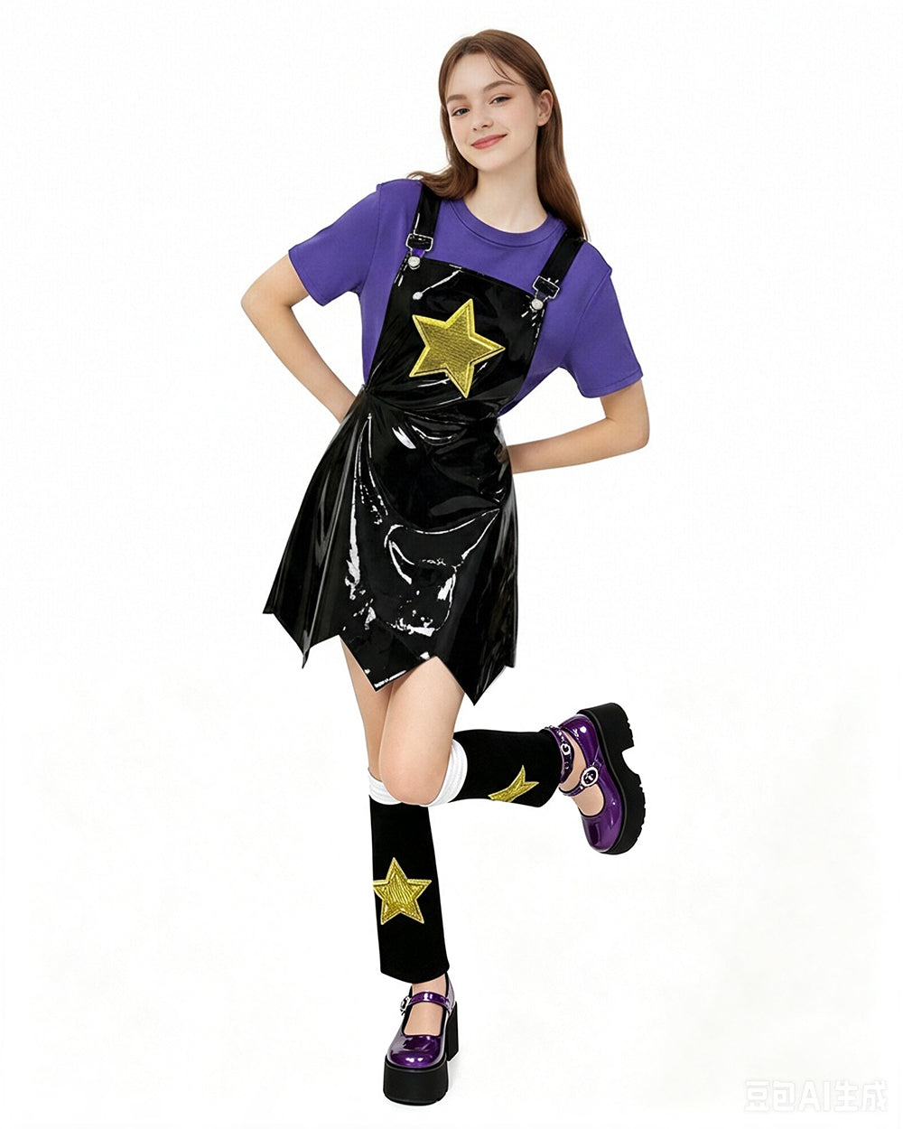 Jagged hemline detail on the PU leather costume dress
