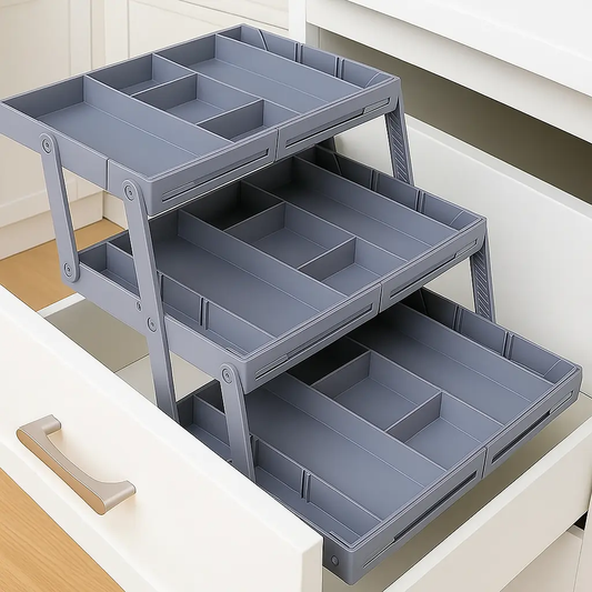 Three-tier expandable drawer organizer with adjustable dividers