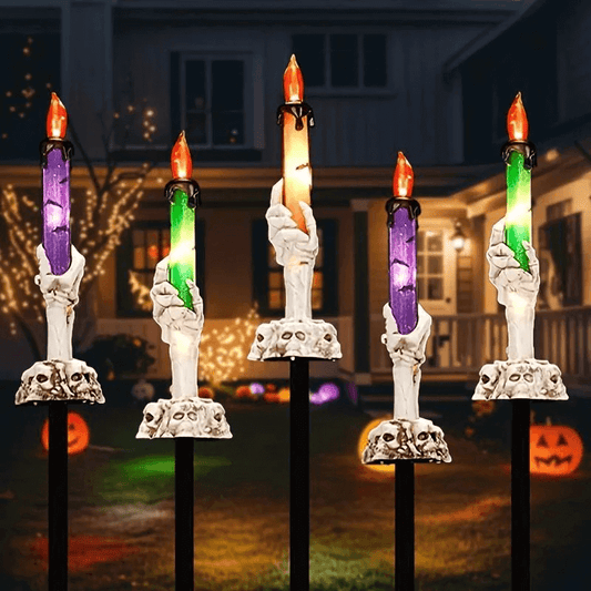 Solar skull candle light with skeleton hand holder for Halloween pathways