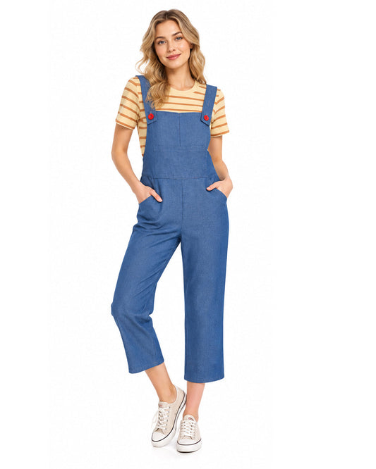 Womens two-piece costume with striped shirt and denim overalls